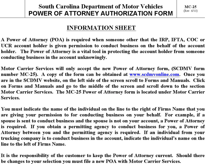 South Carolina Motor Vehicle Power of Attorney Form Page 2