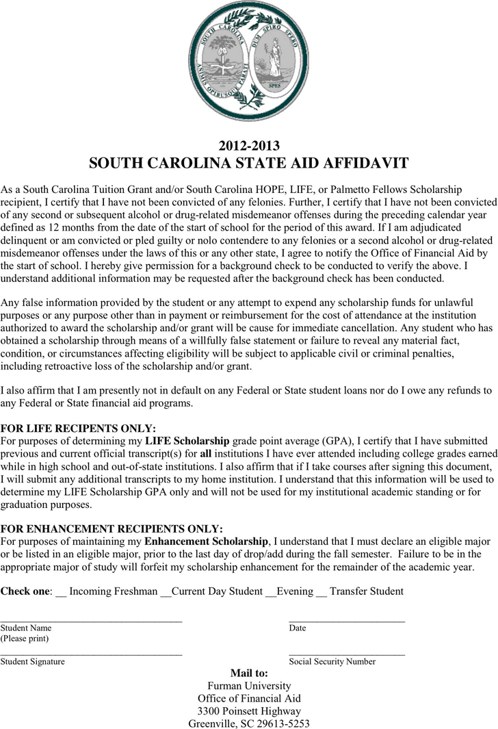 South Carolina State Aid Affidavit