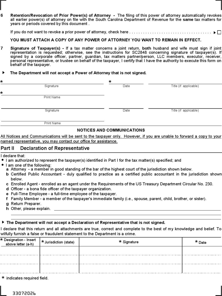South Carolina Tax Power of Attorney Form Page 2