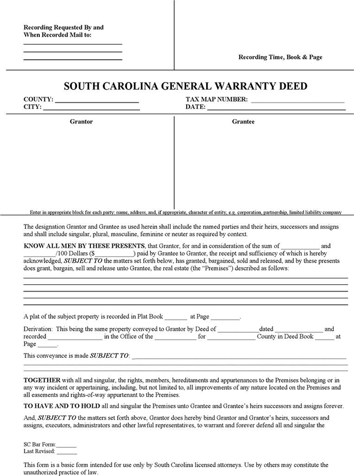 South Carolina Warranty Deed Form