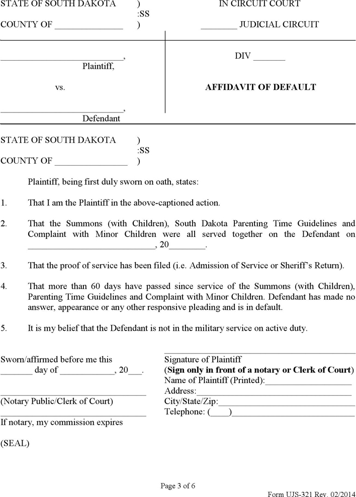 South Dakota Affidavit of Default, Application for Judgment & Decree of Divorce (Default), Notice of Hearing and Affidavit of Mailing (with Minor Children) Form Page 3