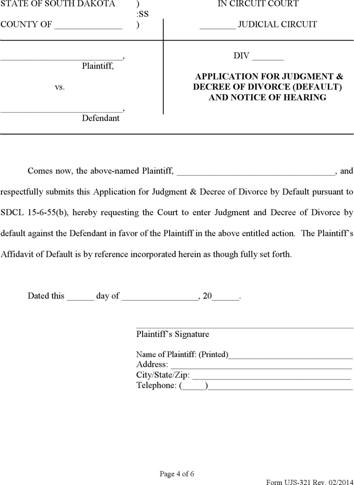 South Dakota Affidavit of Default, Application for Judgment & Decree of Divorce (Default), Notice of Hearing and Affidavit of Mailing (with Minor Children) Form Page 4