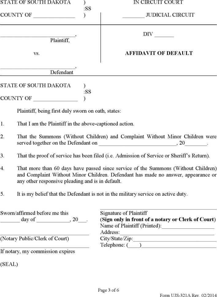 South Dakota Affidavit of Default, Application for Judgment & Decree of Divorce (Default), Notice of Hearing and Affidavit of Mailing (without Minor Children) Form Page 3