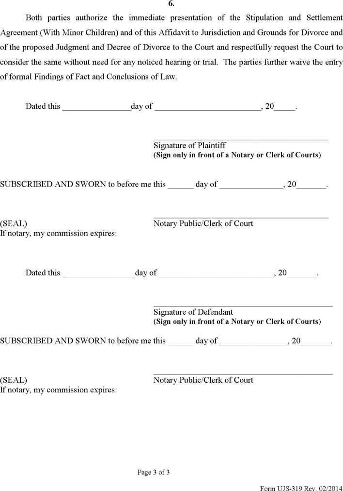 South Dakota Affidavit of Plaintiff and Defendant as to Jurisdiction and Grounds for Divorce (with Minor Children) Form Page 3