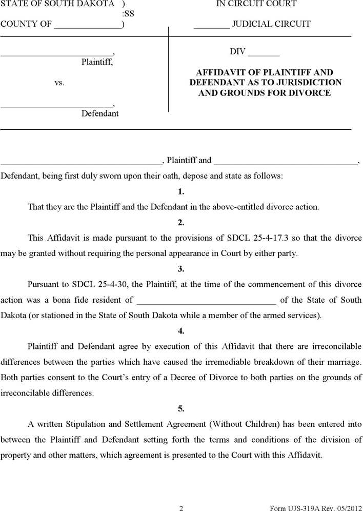South Dakota Affidavit of Plaintiff and Defendant as to Jurisdiction and Grounds for Divorce (without Minor Children) Form Page 2