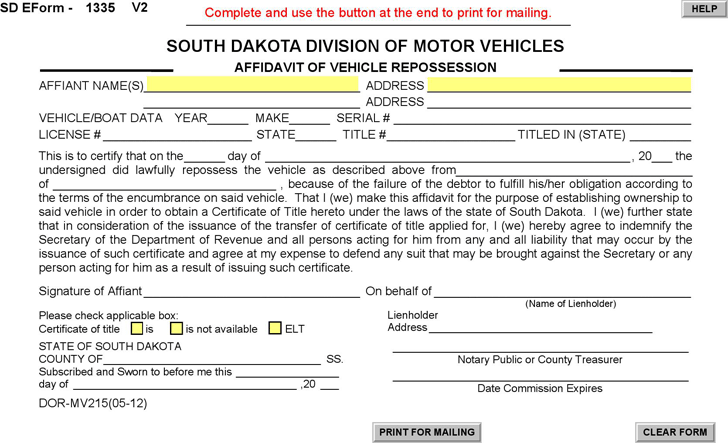 South Dakota Affidavit of Vehicle Form