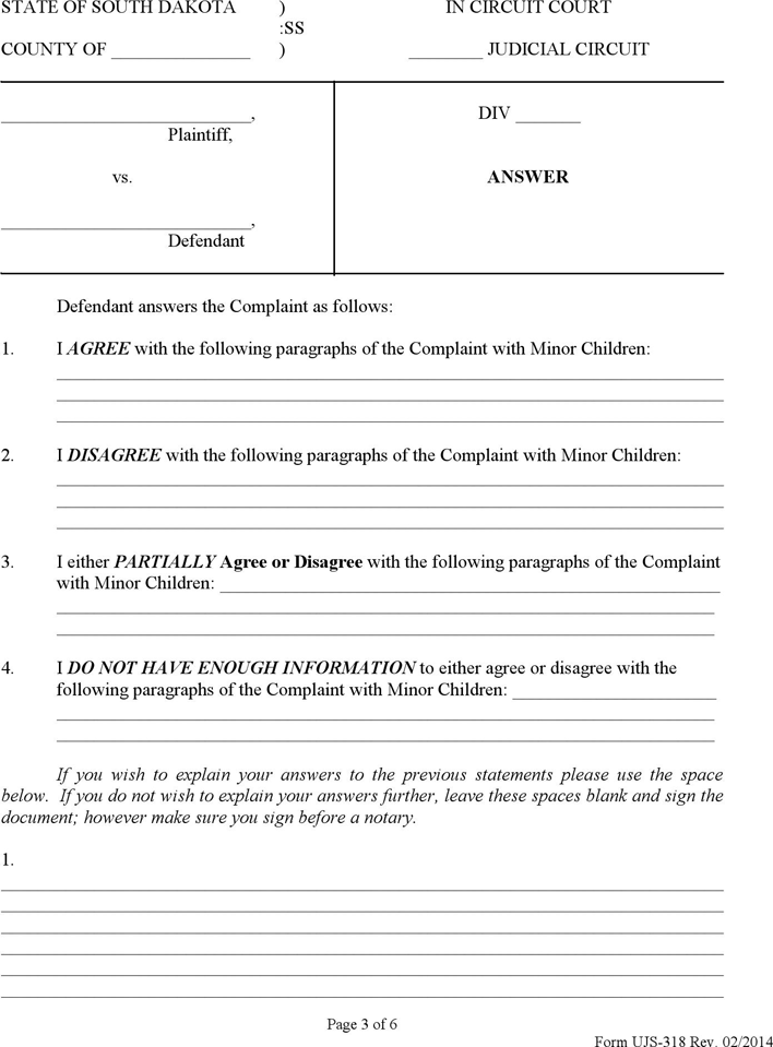 South Dakota Answer (with Minor Children) Form Page 3