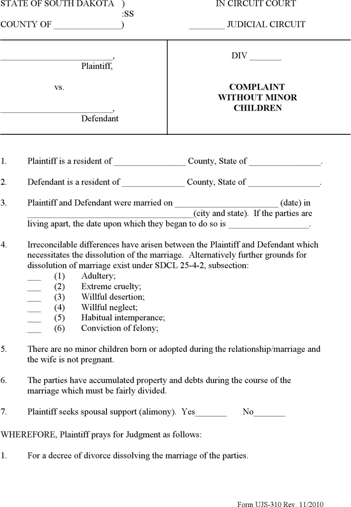 South Dakota Complaint (without Minor Children) Form Page 3