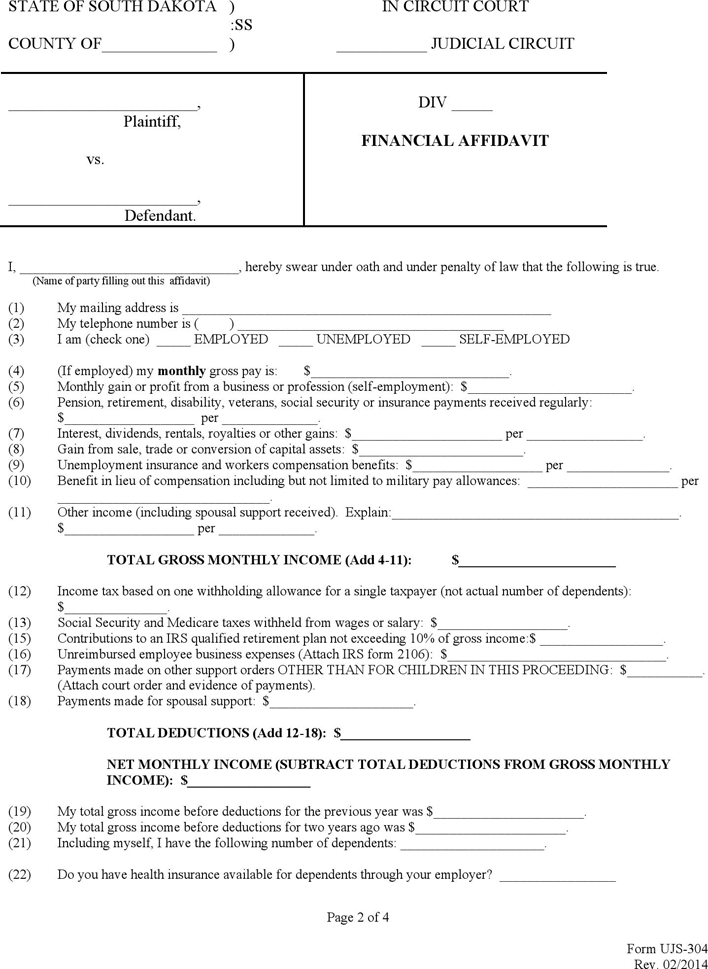 South Dakota Financial Affidavit Form Page 2