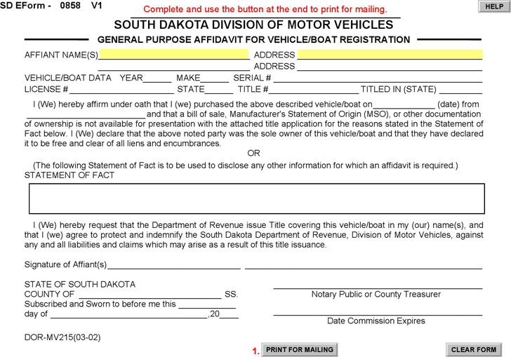 South Dakota General Purpose Affidavit for Vehicle/Boat Registration Form