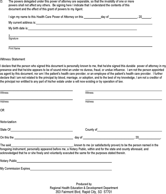 South Dakota Health Care Power of Attorney Form Page 4
