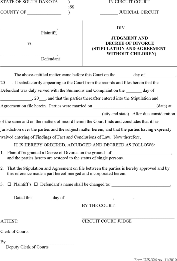 South Dakota Judgment and Decree of Divorce (Stipulation and Agreement without Children) Form Page 2