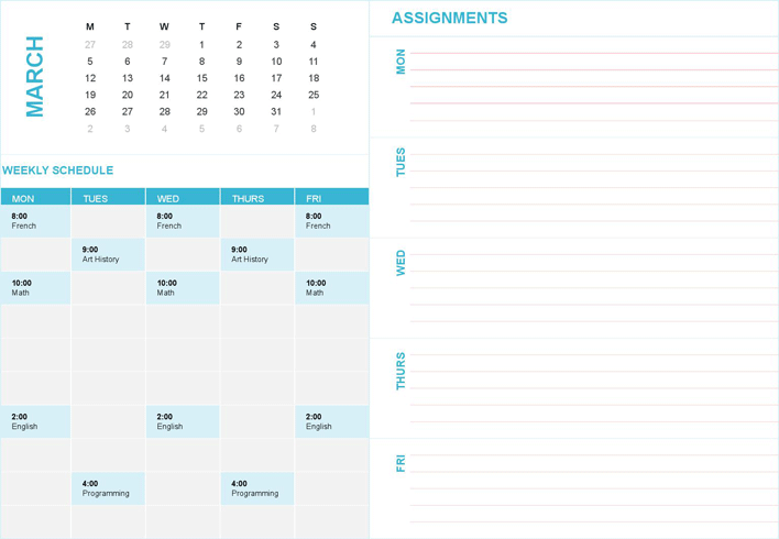 Student Weekly Planning Calendar (Any Year, Mon-Sun) Page 3