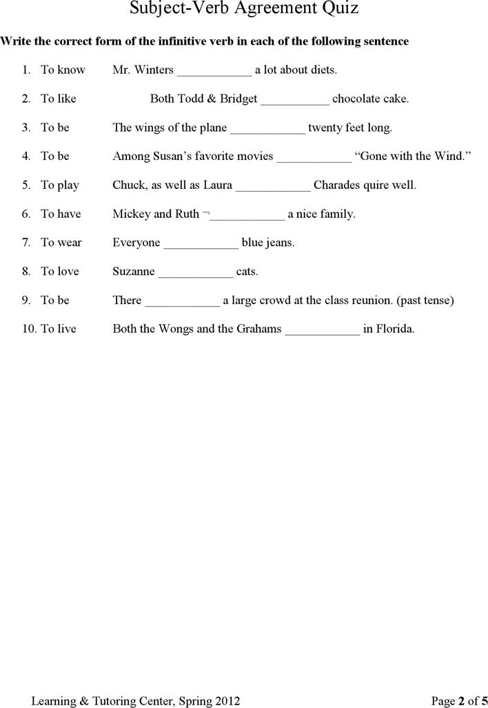 Subject-Verb Agreement Quiz Page 2