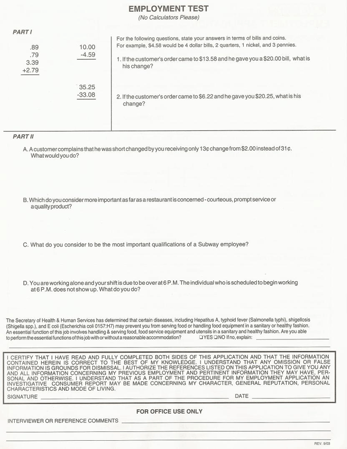 Subway Employment Form Page 2