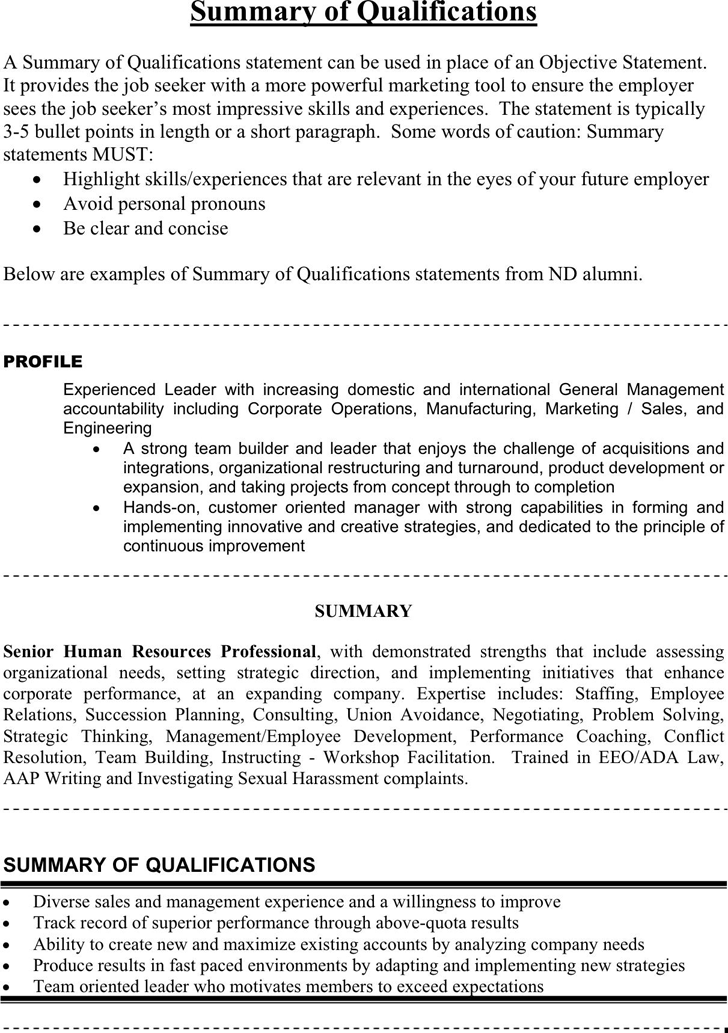 Summary of Qualifications Example 3