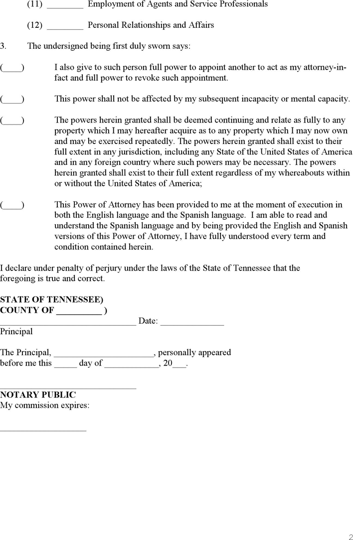 Tennessee General Power of Attorney Form 1 Page 2