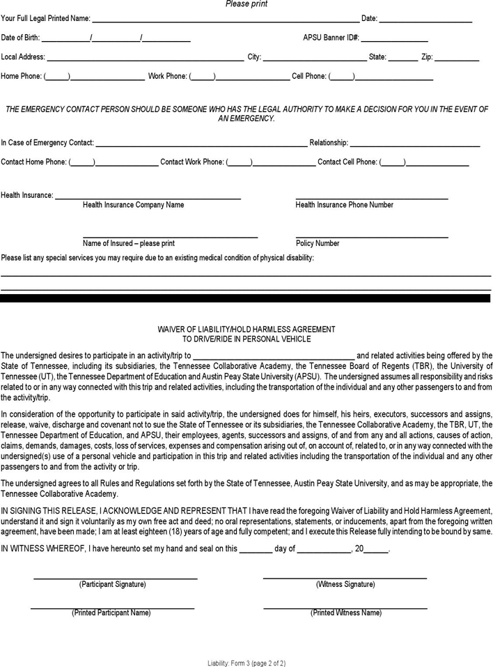 Tennessee Liability Release Form 1 Page 2