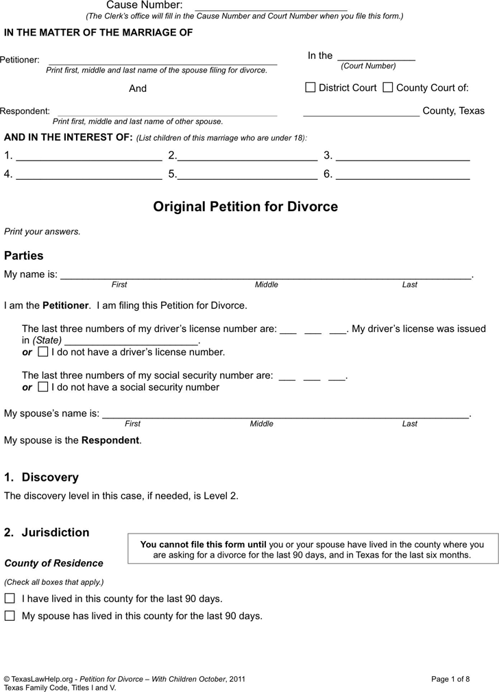 Free Texas Divorce Petition Form 1 With Children Pdf 74kb 8 Page S