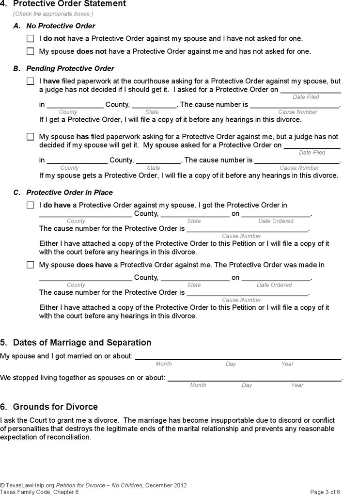 Texas Divorce Petition Form 2 (Without Children) Page 3
