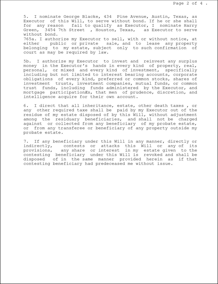 Texas Last Will And Testament Sample Page 2