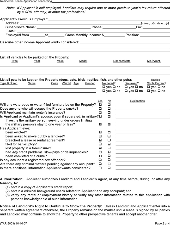 Texas Rental Application Form Page 2
