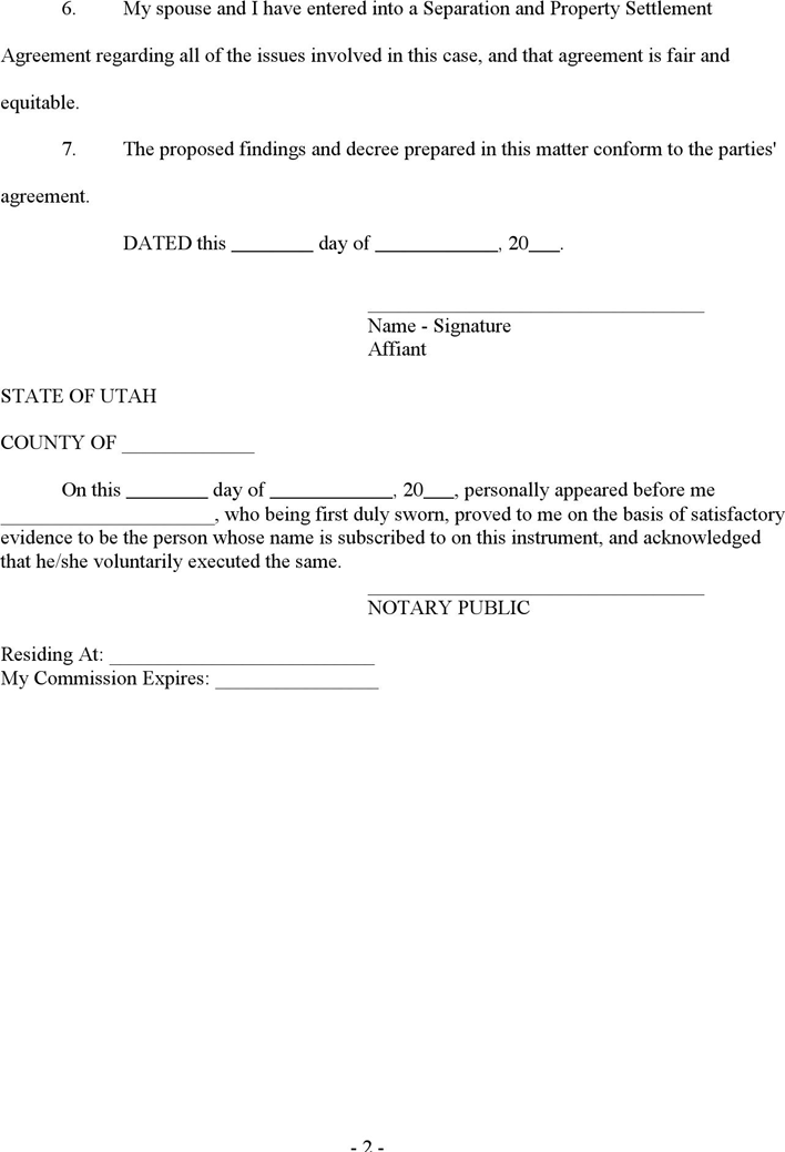 Utah Affidavit in Support of Decree - Defendant Form Page 2