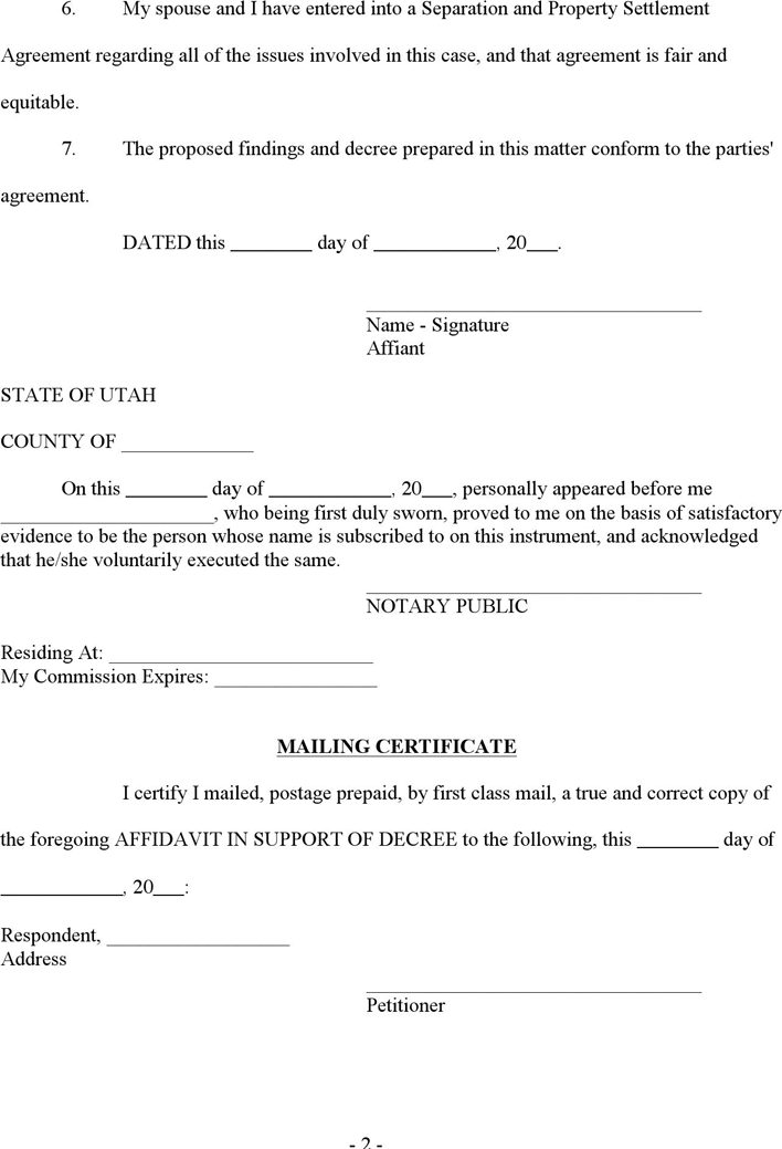 Utah Affidavit in Support of Decree - Petitioner Form Page 2