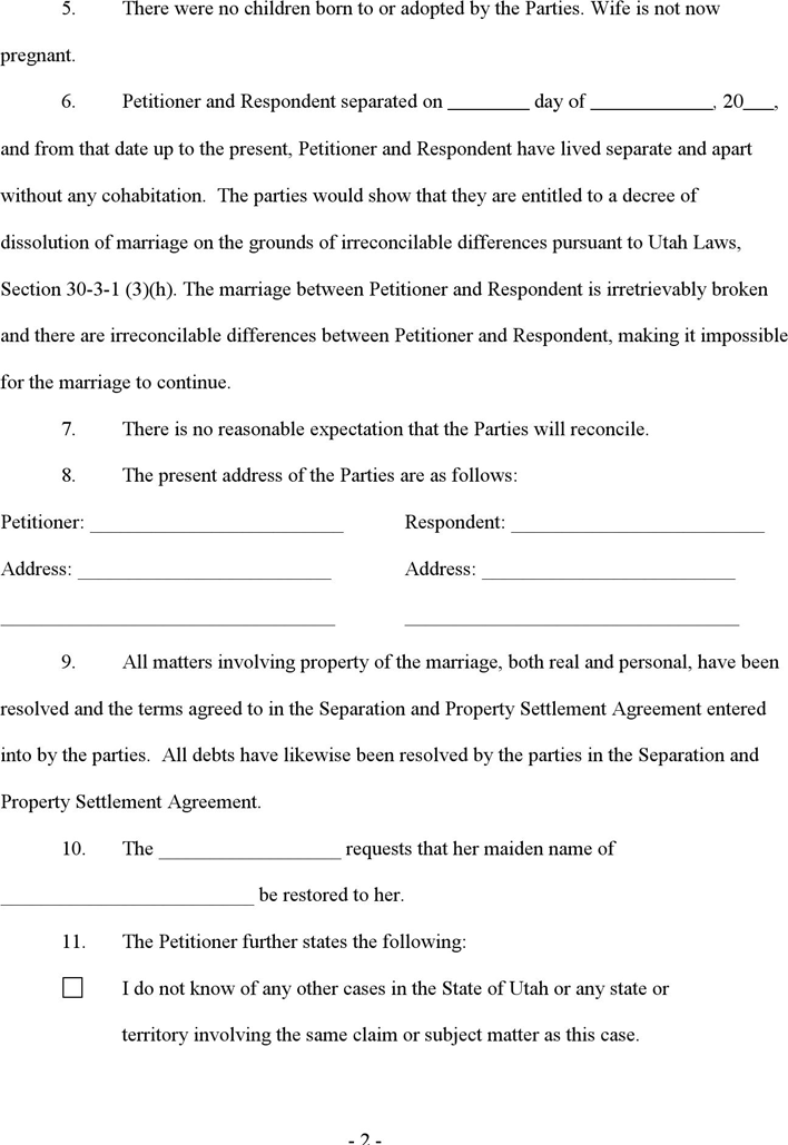Utah Complaint for Divorce/Dissolution of Marriage Form Page 2
