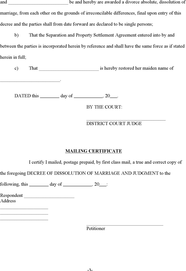 Utah Decree of Dissolution of Marriage and Judgment Form Page 3