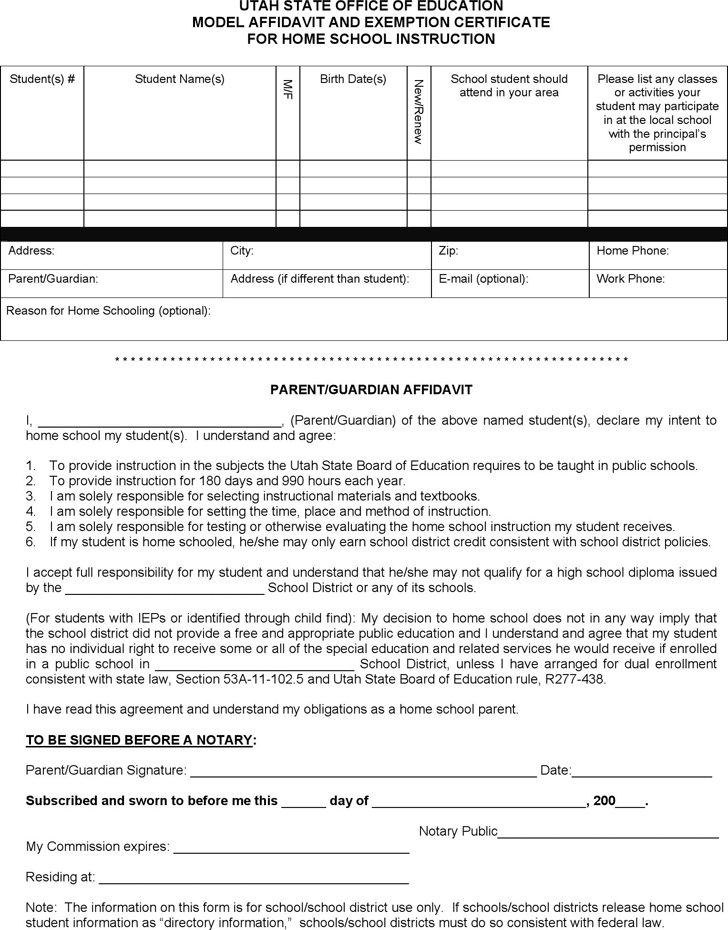 Utah Model Affidavit and Exemption Certificate for Home School Instruction Form