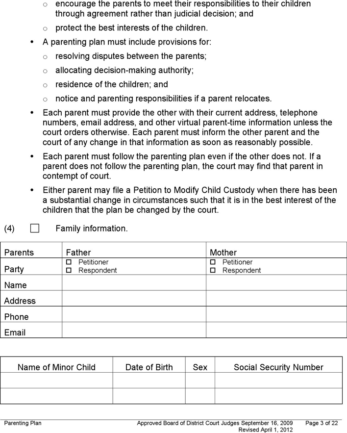 Utah Parenting Plan Form Page 3