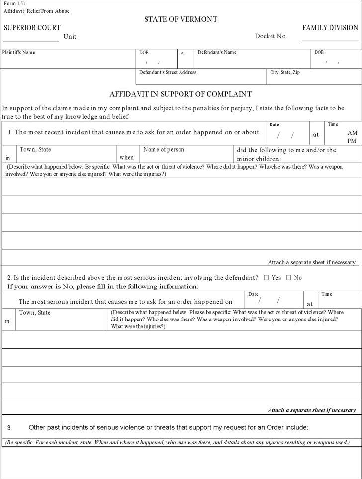 Vermont Affidavit in Support of Complaint Form