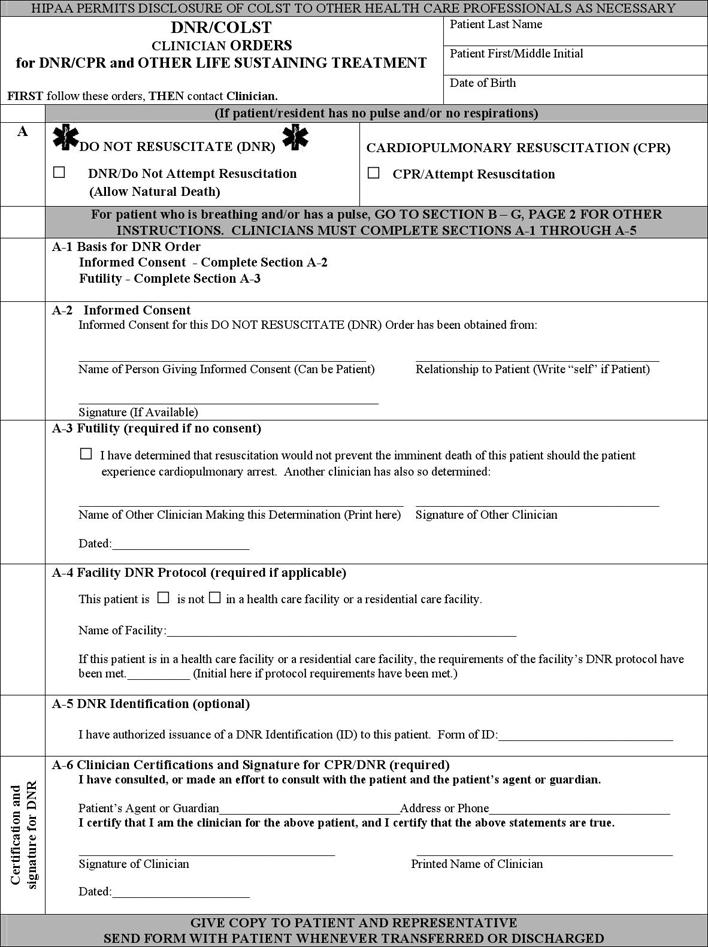 Vermont Clinician Orders For DNR/CPR And Other Life Sustaining Treatment (COLST) Form Page 2