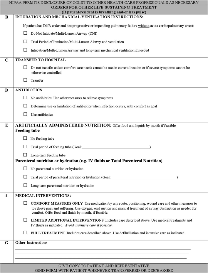 Vermont Clinician Orders For DNR/CPR And Other Life Sustaining Treatment (COLST) Form Page 3