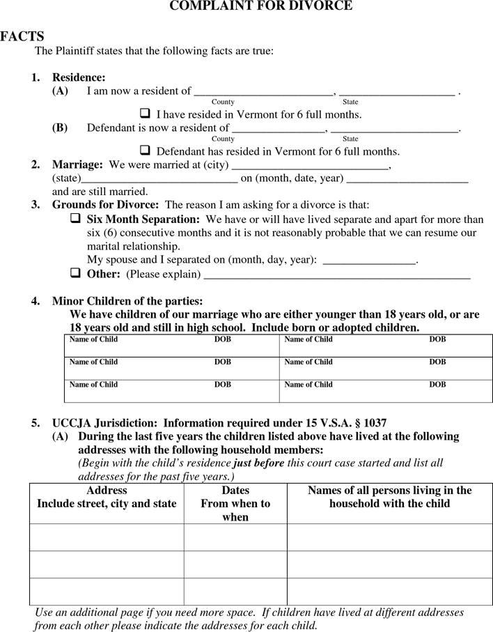 Vermont Complaint for Divorce with Kids Form Page 2