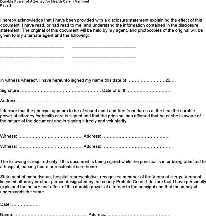 Vermont Health Care Power of Attorney Form Page 2