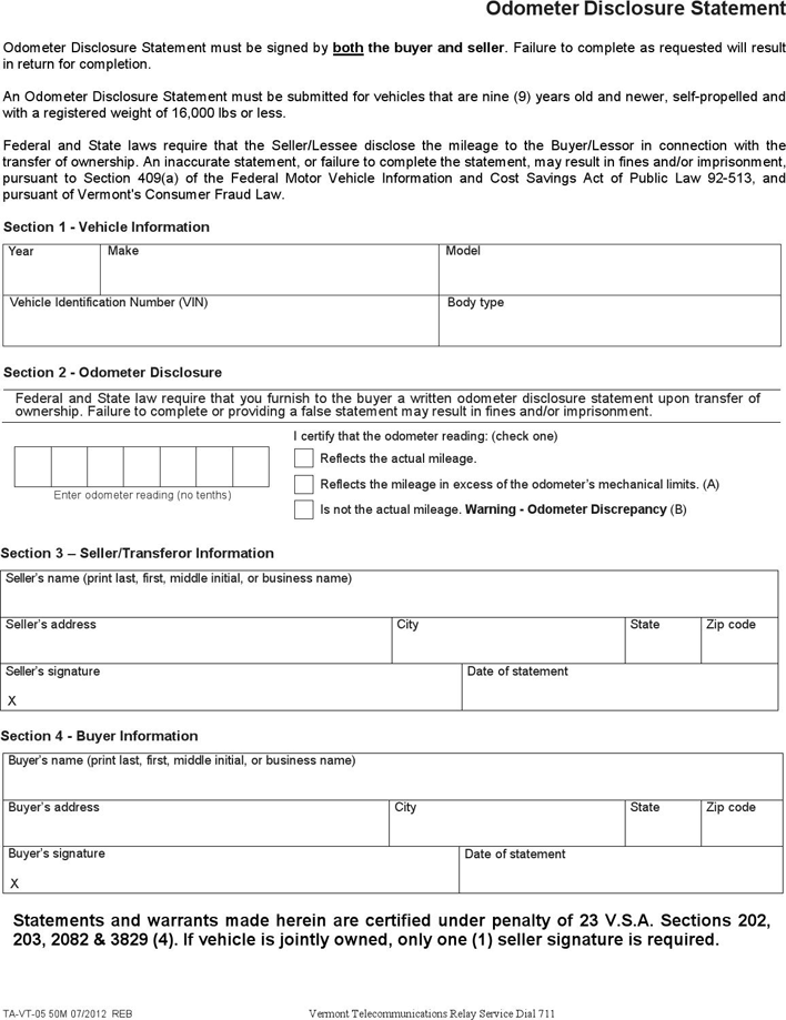 Vermont Motor Vehicle Bill of Sale Form Page 2