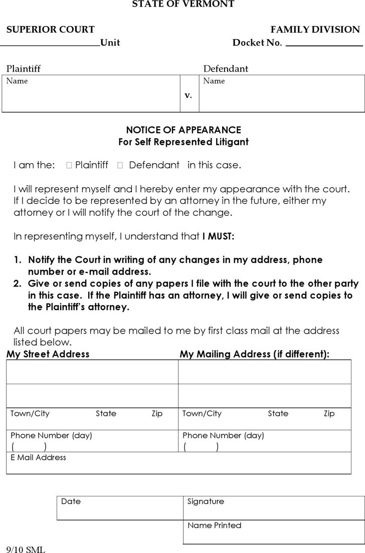 Vermont Notice of Appearance - Divorce Form