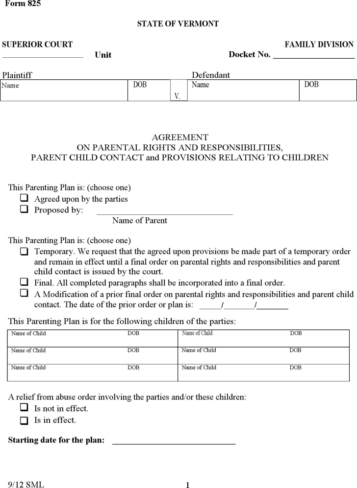 Vermont PR&R Stipulation (Parenting Plan) Form