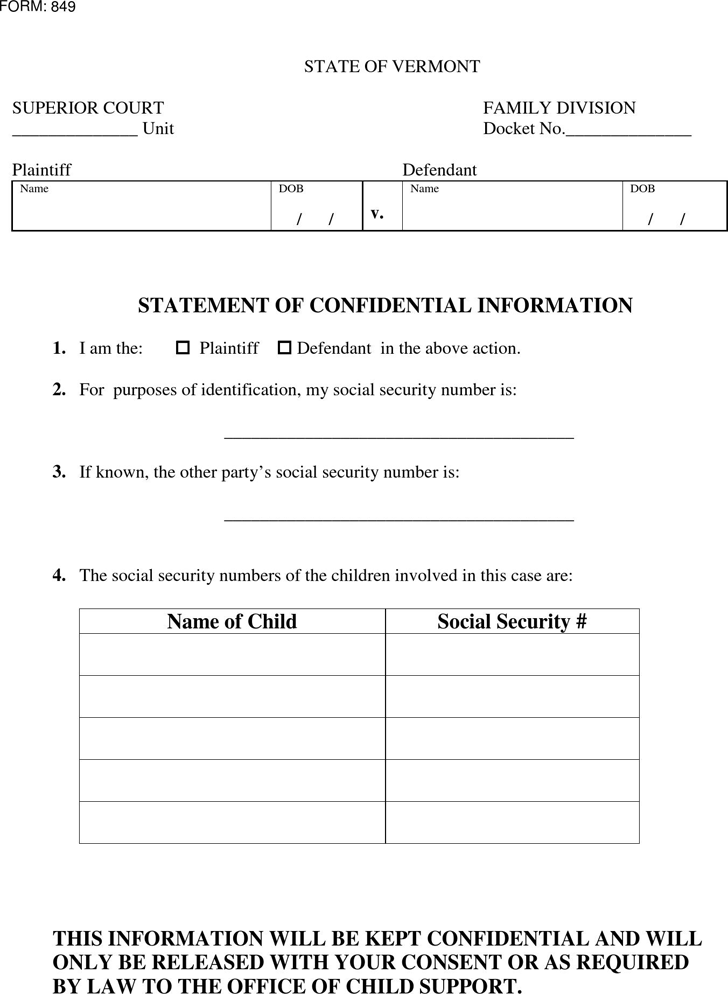 Vermont Statement of Confidential Information Form