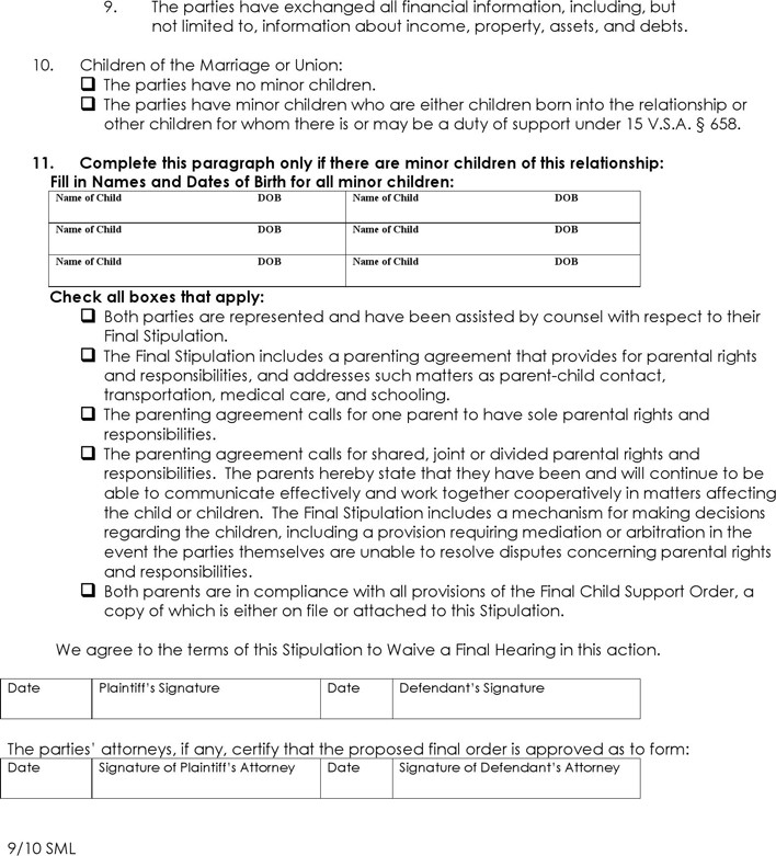 Vermont Stipution and Motion to Waive Final Hearing Form Page 2