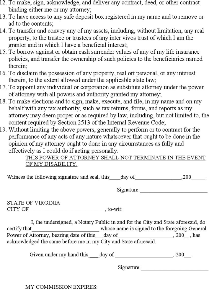 Virginia General Power of Attorney Form Page 2