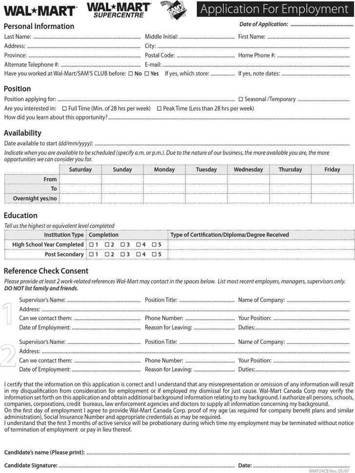 WalMart Application for Employment (Fiilable)
