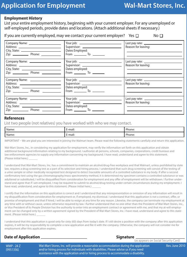 WalMart Application for Employment Page 2