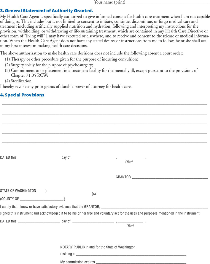 Washington Health Care Power of Attorney Form Page 2