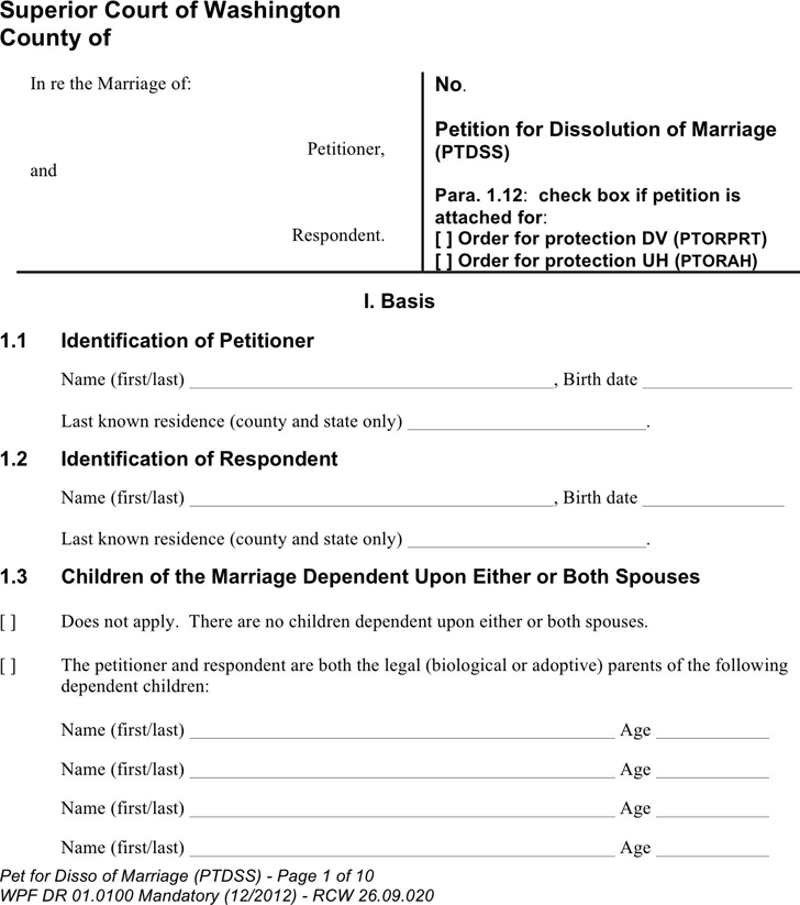 Washington Petition For Dissolution of Marriage