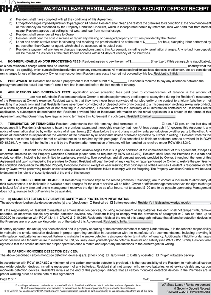 Washington State Month to Month Rental Agreement Page 2