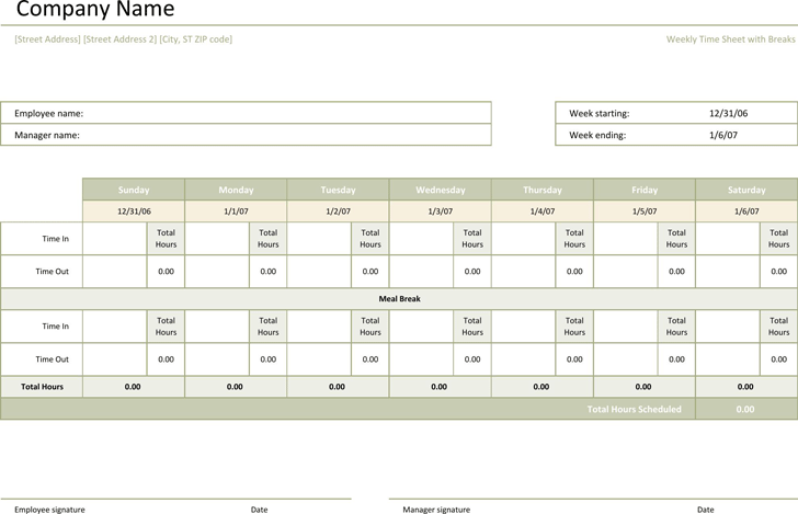 Free Weekly Time Sheet With Breaks Xlsx 41kb 1 Pages