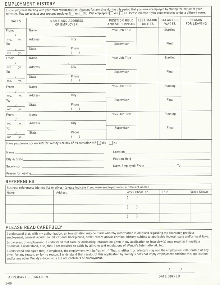 Wendys Application Form Page 2